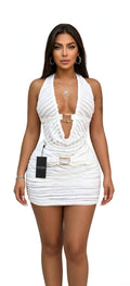 Sexy White Ruched Halter Mini Dress - Gold Ring Detail - Bodycon Party Dress - EDZER Collection