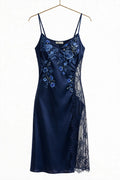 Navy Blue Floral Satin Slip Dress - Embroidered Lace Nightgown - Sexy Lingerie Dress - EDZER Collection
