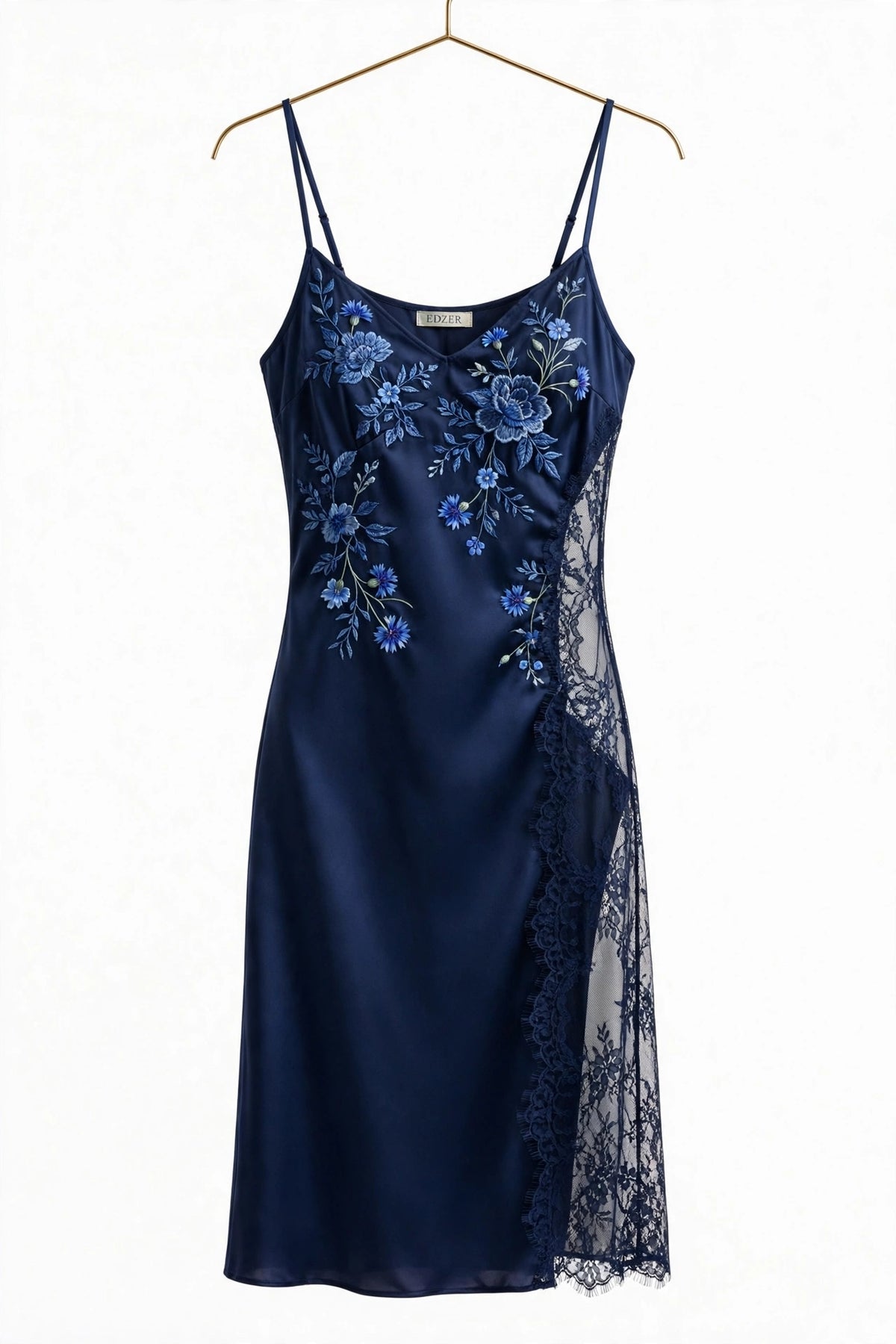 Navy Blue Floral Satin Slip Dress - Embroidered Lace Nightgown - Sexy Lingerie Dress - EDZER Collection