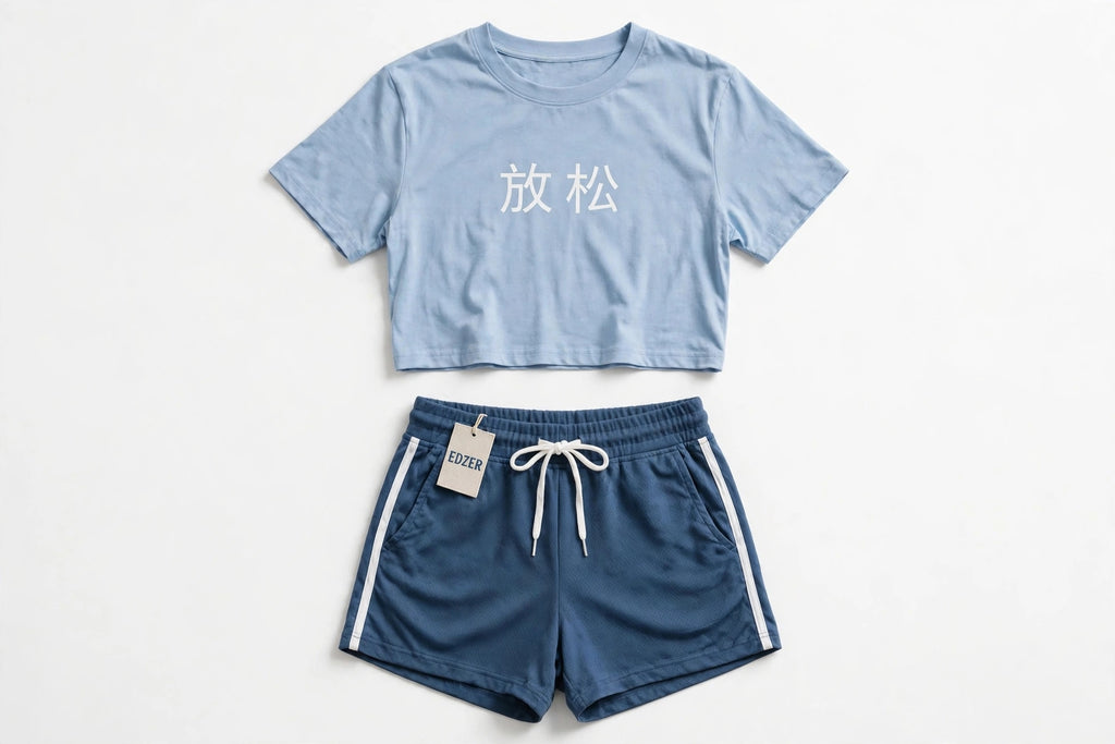 Baby Blue Japanese Graphic Crop Top + Sporty Shorts Set - Y2K Two Piece Lounge Set - EDZER Collection