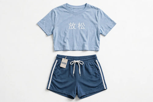 Baby Blue Japanese Graphic Crop Top + Sporty Shorts Set - Y2K Two Piece Lounge Set - EDZER Collection