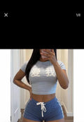 Baby Blue Japanese Graphic Crop Top + Sporty Shorts Set - Y2K Two Piece Lounge Set - EDZER Collection