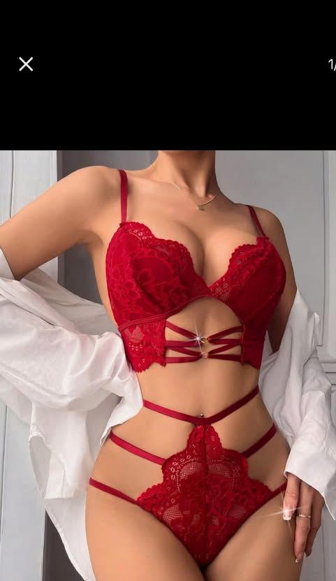 Red Lace Lingerie Set - Sexy Strappy Bra & Panty Set - Lace Cutout Valentine Lingerie - EDZER Collection