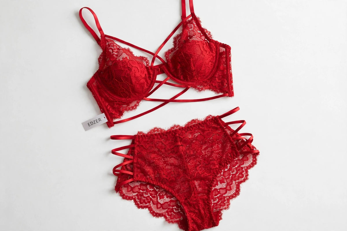 Red Lace Lingerie Set - Sexy Strappy Bra & Panty Set - Lace Cutout Valentine Lingerie - EDZER Collection