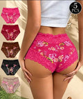 5PCS Women's Floral Lace Panties - High Waist Lace Underwear - Soft Stretch Briefs