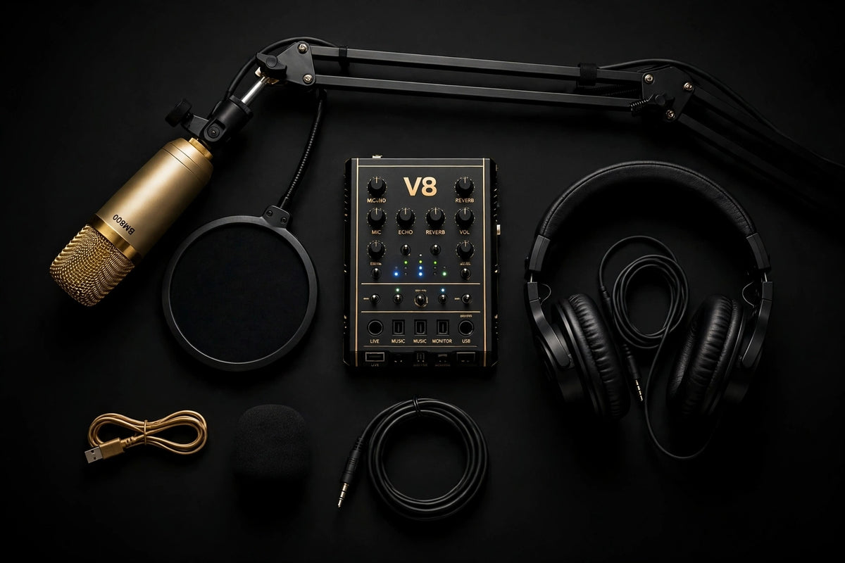 Kit Micro Live TikTok V8 Sound Card BM800 Gold - Podcast Streaming Professionnel