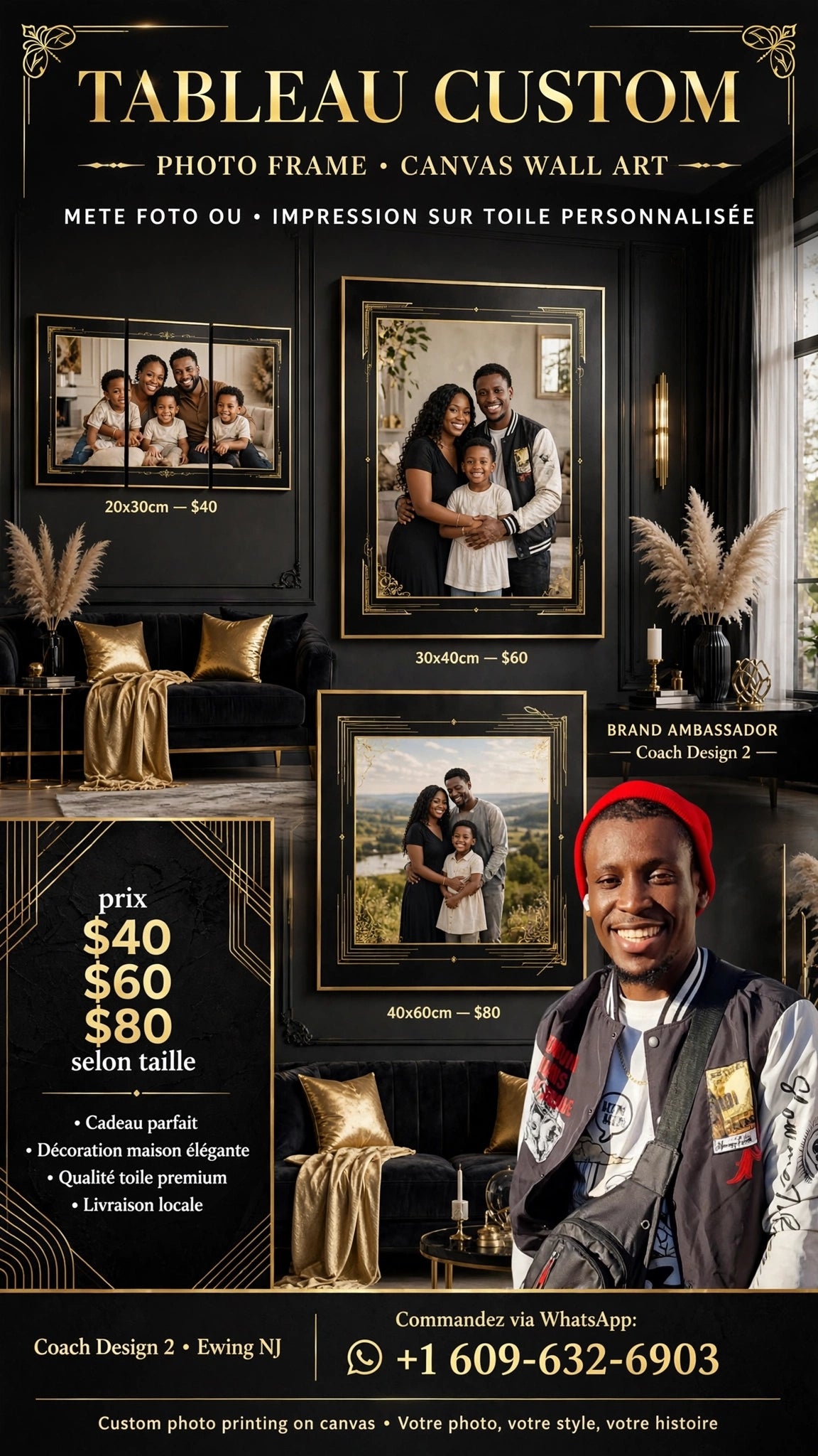 Toile Personnalisée Famille Luxe  - 3 Photo + Portrait- Mur noir & Or - Cadeau Famille EDZER CUSTOM CO