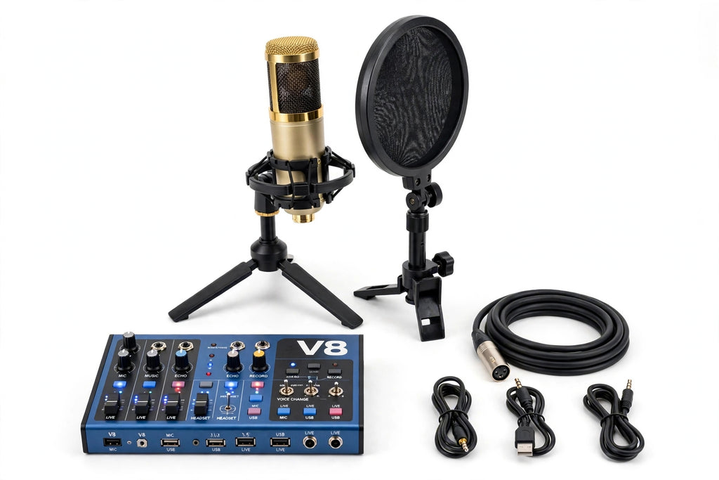 Kit Micro Live TikTok V8 Sound Card BM800 Gold - Podcast Streaming Professionnel
