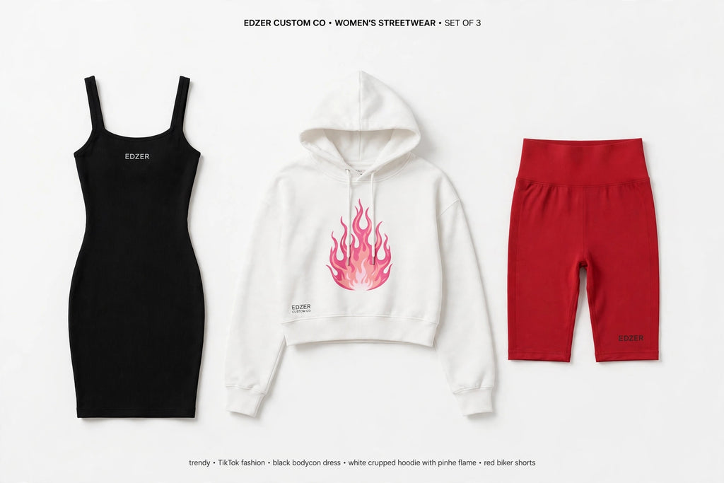 EDZER CUSTOM CO - Women's Streetwear Set - Pink Jogger + Crop Top + Flame Edition