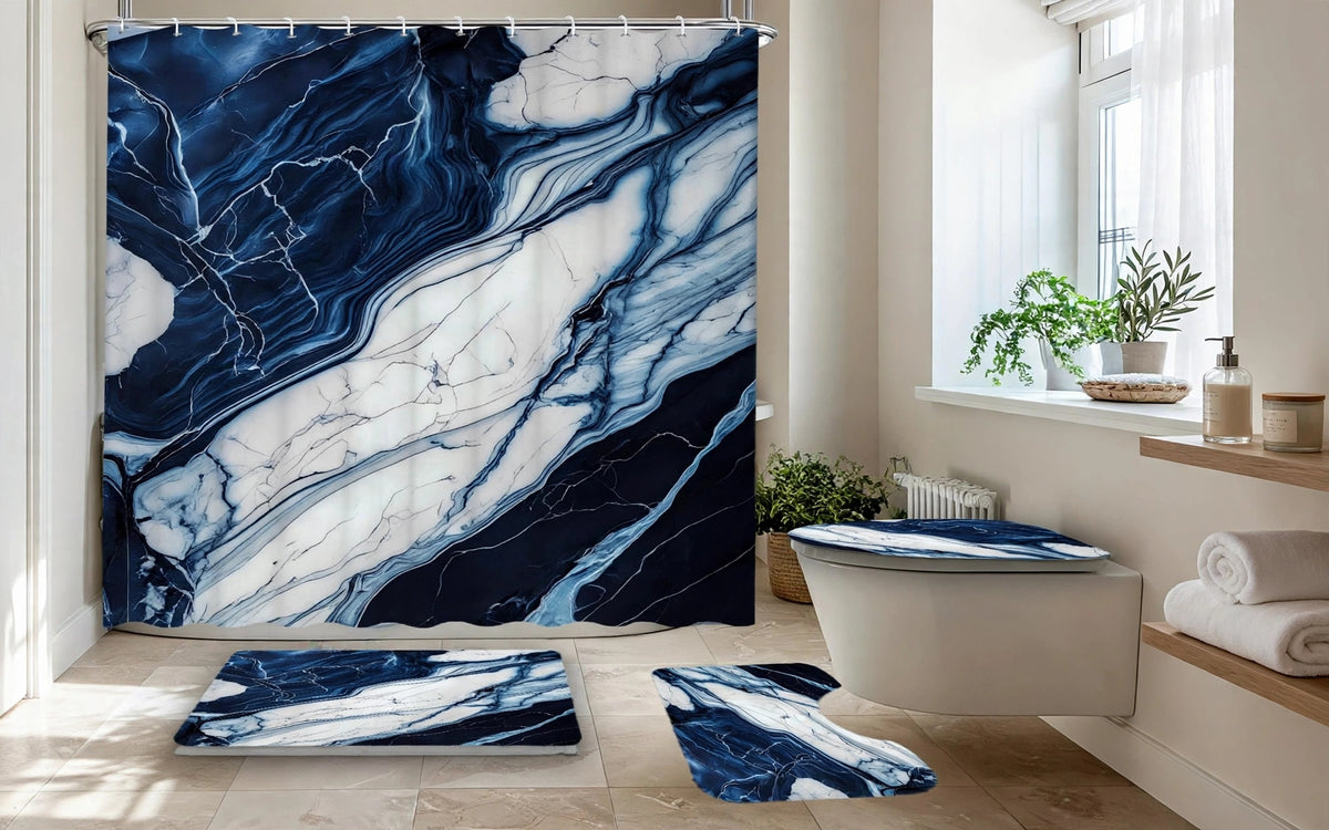 Luxury Bleu Marble Bathroom set - 4 piece Shower Curtain Set - Navy Bleu White Marble Shower Curtain White Rugs - Modern Bathroom Decor