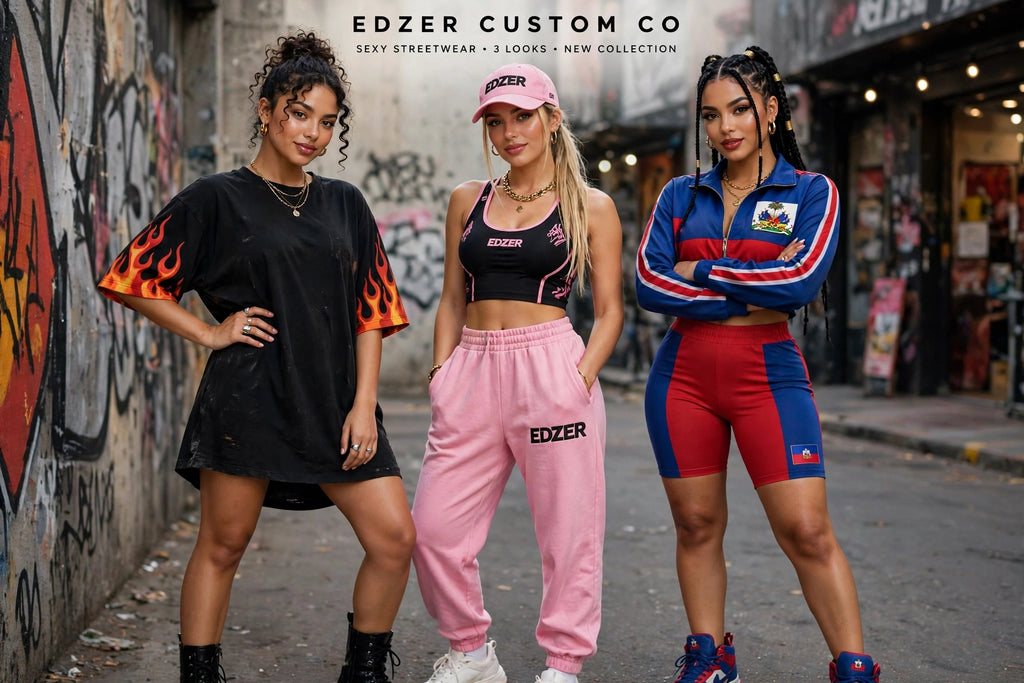 EDZER CUSTOM CO - Women's Streetwear Set - Pink Jogger + Crop Top + Flame Edition