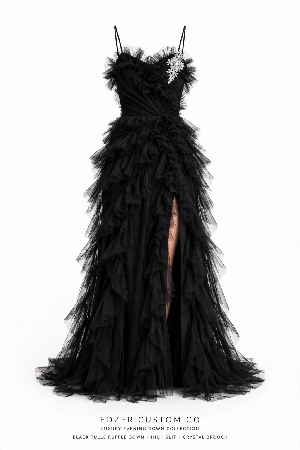 Elegant Long Tulle Prom Dress - Ruffled Evening Gown with Slit - Formal Party Dress for Women - Black / Red / Pink