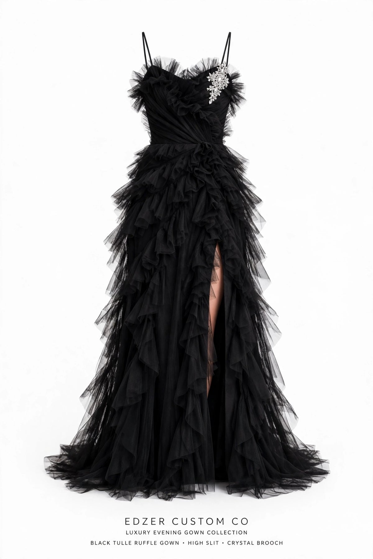 Elegant Long Tulle Prom Dress - Ruffled Evening Gown with Slit - Formal Party Dress for Women - Black / Red / Pink