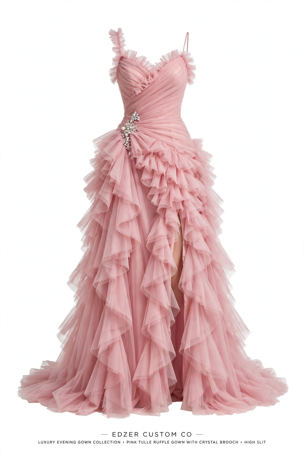 Elegant Long Tulle Prom Dress - Ruffled Evening Gown with Slit - Formal Party Dress for Women - Black / Red / Pink