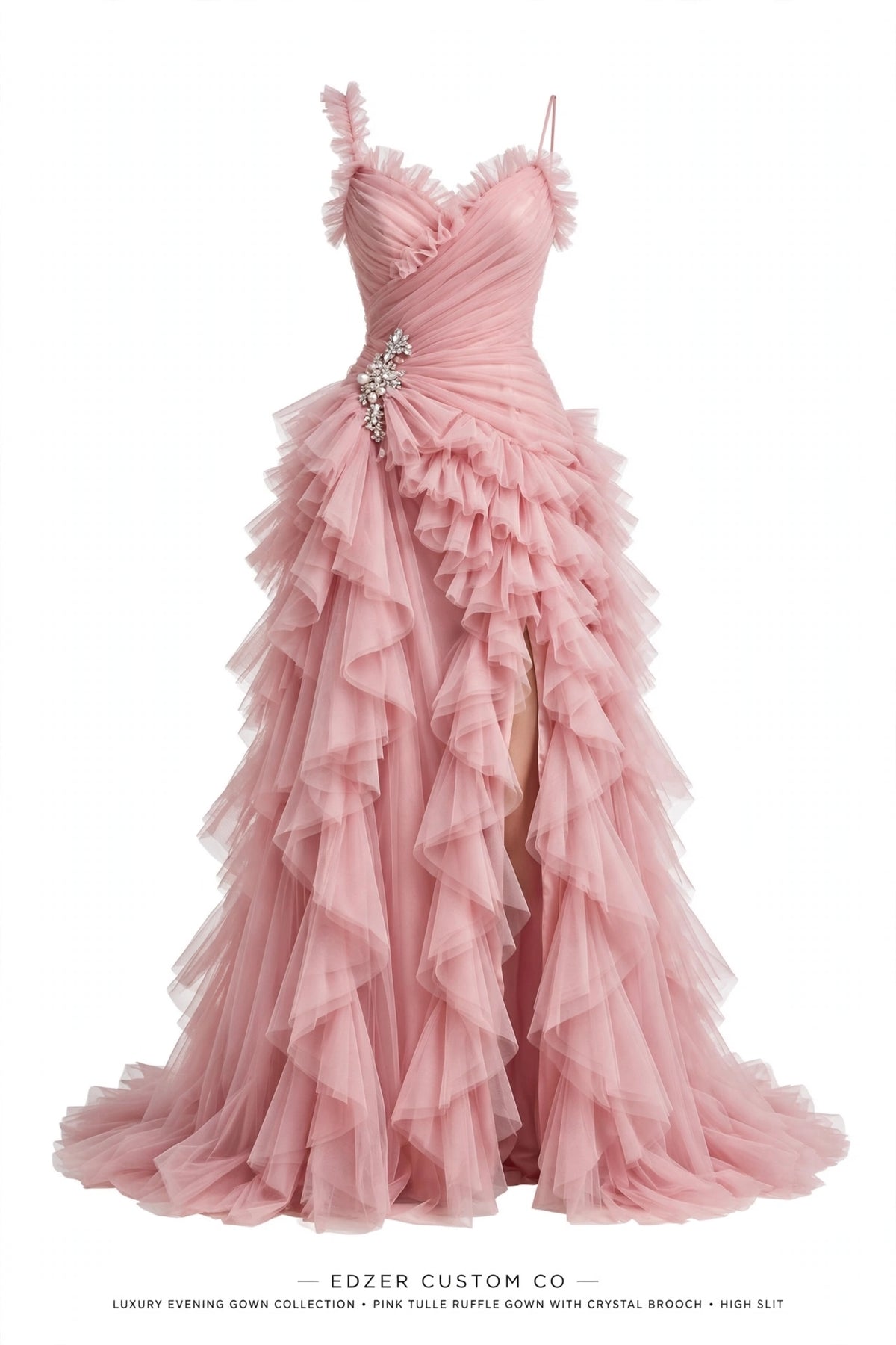 Elegant Long Tulle Prom Dress - Ruffled Evening Gown with Slit - Formal Party Dress for Women - Black / Red / Pink